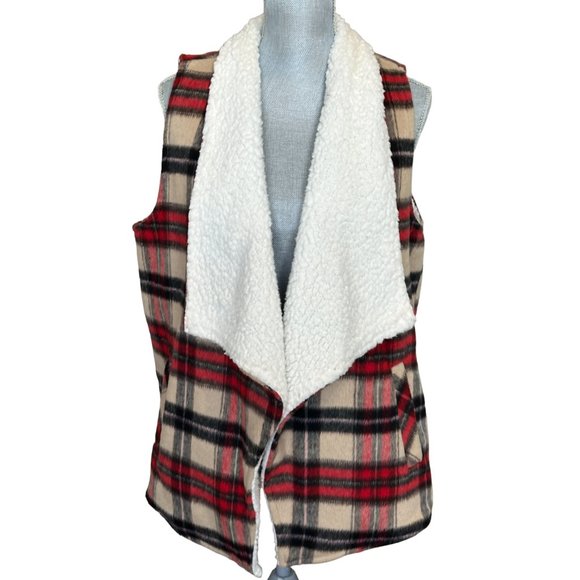 Maurices Wool Blend Open Vest - Size Large - Plaid Fleece Lined - Picture 1 of 10